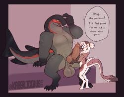 animal_genitalia animal_penis anthro avian balls big_penis blush bodily_fluids canine_genitalia canine_penis clenching_balls duo featureless_chest female fish flat_chested genital_fluids genitals gripping_penis gryphon hi_res it'll_never_fit kaberlici0us larger_male male male/female marine mythological_avian mythological_creature mythology penis precum saggy_balls salmon salmonid_(fish) size_difference smaller_female sonya_henrikh steelhead_(imnotadolphin) sweat