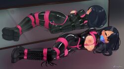 1girls armbinder arms_behind_back black_boots black_hair blush bodysuit bondage boots bound bound_arms bound_legs breast_cutout breasts breasts_out brown_eyes crotch_rope dildo exposed_breasts female female_only full_body gag gagged hayase_nagatoro highres improvised_gag knee_boots latex latex_bodysuit long_hair looking_at_viewer lumpychan lying medium_breasts mirror nipples object_insertion on_side please_don't_bully_me,_nagatoro pussy_juice restrained sex_toy shibari_over_clothes solo tape tape_gag vaginal_object_insertion vaginal_penetration