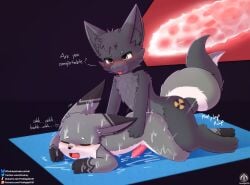 absurd_res anal anal_sex animal_genitalia animal_penis anthro blush bodily_fluids canine_genitalia canine_penis claws closed_eyes cum cum_inside cum_on_body cumshot dragon duo ejaculation entwined_tails fangs fur fur_markings furred_dragon furred_scalie genital_fluids genitals heart_symbol hi_res iradeon lying male male/male markings mythological_creature mythological_scalie mythology nuclear54_(character) penetration penis scalie sean_(senz) senz shaking tail tail_coil teeth text thrusting tongue tongue_out trembling x-ray_view yoga_mat