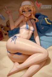 1boy 2d ai_generated ass bangs barefeet big_ass bikini blonde_hair bulge erection erection_under_clothes erophoenix feet full_body green_eyes looking_at_viewer looking_back male male_focus navel nude otoko_no_ko pale_skinned_male patreon_username penis sitting smile soles solo solo_male sweat swimsuit thick thick_thighs toes uncensored
