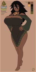 1girls bare_legs bare_shoulders big_breasts black_eyes black_hair breasts breasts_bigger_than_head cleavage clothing dark-skinned_female dark_skin female_only hands_on_hips huge_breasts human long_hair neozoa nz_naughty original_character simple_background smile solo wide_hips