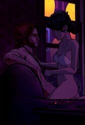 1boy 1boy1girl 1girls 2025 3d 3d_(artwork) accurate_art_style bigby_wolf black_hair brown_hair cel_shading female female_on_top high_resolution highres imminent_sex indoors male medium_breasts mostly_nude rekkakun romantic romantic_ambiance self_upload sitting snow_white_(the_wolf_among_us) stylized telltale_games the_wolf_among_us