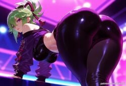 ai_generated ass ass_focus balecxi bare_shoulders bent_over crop_top female from_behind genshin_impact green_hair hair_between_eyes kuki_shinobu large_breasts looking_at_viewer looking_back ponytail purple_eyes purple_jacket solo thighs tight_pants