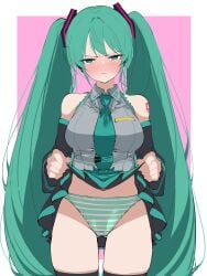 1girls 2025 angry annoyed aqua_eyes aqua_hair aqua_panties blush detached_sleeves embarrassed hatsune_miku looking_at_viewer necktie panties poi_y2 pout skirt skirt_lift standing striped_panties tagme tattoo tattooed_arm thighhighs thighs twintails very_long_hair vocaloid