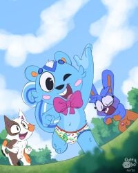 animal_crossing balls big_balls blue_body blue_fur blush bow_tie doc_(animal_crossing) domestic_cat erection exhibitionism eyewear felid feline felis female filbert_(animal_crossing) foreskin fur genitals glasses hair hi_res humanoid_genitalia humanoid_penis lagomorph leporid looking_at_viewer male male_focus mammal nintendo nude nutty_bo open_mouth outside penis public purrl_(animal_crossing) pussy rabbit rodent sciurid small_penis smile tail tree_squirrel uncircumcised