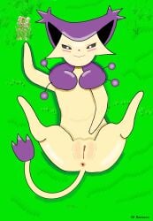 absurd_res anus blush delcatty domestic_cat felid feline felis female feral generation_3_pokemon genitals grass hi_res looking_at_viewer lying mammal nintendo on_back plant pokemon pokemon_(species) pussy smile smiling_at_viewer spread_legs spreading sv_baracca tail