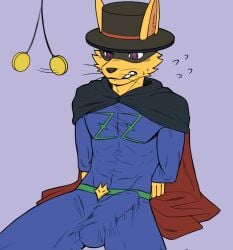 arms_tied bodily_fluids bodysuit bound bulge canid canine clenched_teeth clock clothed clothing erection erection_under_clothing flat_colors flippy1302 forced fox hands_behind_back headgear headwear hi_res hypnosis kaiketsu_zorori male male_only mammal mind_control muscular muscular_male pocketwatch simple_background skinsuit solo spiral spiral_eyes struggling sweat teeth tight_clothing watch whiskers zorori