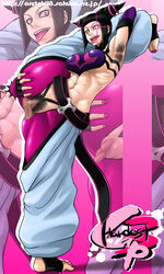 abs armpit_hair baggy_pants barefoot belt black_hair capcom censored elbow_gloves female female_armpit_hair female_only fingerless_gloves gloves glowing_eyes highres human juri_han leg_up no_bra open_mouth oreteki pink_toenails pubic_hair purple_eyes pussy short_hair solo straight_hair street_fighter street_fighter_iv super_street_fighter_iv tongue