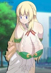 1girls artist_name big_breasts blonde_hair blue_eyes blush breasts busty cleavage dress female female_only gloves hands_on_legs hands_on_own_legs hanging_breasts highres large_breasts legs long_hair looking_at_viewer neptunia_(series) pose posing seductive seductive_smile sensual sexy smile solo thighs vert