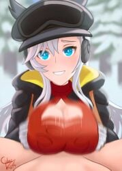 1boy black_jacket blue_eyes breasts ciderwrath cleavage_cutout clothing_cutout dragalia_lost ear_covers earmuffs female forest gloves goggles goggles_on_head highres ilia_(dragalia_lost) jacket large_breasts looking_at_viewer male nature open_clothes open_jacket open_mouth paizuri red_shirt shirt signature snow white_gloves white_hair