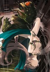 arching_back big_breasts boots brown_eyes brown_hair cahryos chain_leash choking cleavage cleavage_overflow collar fighting_back hololive hololive_english hololive_english_-council- hololive_english_-promise- jabba_the_hutt large_breasts master_and_slave nanashi_mumei owl_girl ponytail pulling_on_leash scantily_clad slave_bikini slave_collar slave_leia_(cosplay) slave_outfit slavegirl star_wars strangling