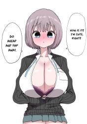 black_cardigan blue_eyes blush bob_cut botsuko-chan_(zurikishi) bra breast_pocket breasts cardigan cleavage female full-face_blush grey_hair hair_between_eyes highres huge_breasts lace lace-trimmed_bra lace_trim looking_at_viewer original pink_bra pocket shirt short_hair simple_background solo speech_bubble translation unbuttoned unbuttoned_shirt underwear white_background zurikishi