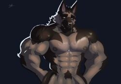 abs anthro barazoku beard body_hair brown_body brown_fur canid canine canis chest_hair domestic_dog facial_hair flaccid fur genitals german_shepherd hairy herding_dog hi_res male mammal mature_anthro mature_male muscular muscular_anthro muscular_male nipples nude nude_anthro nude_male pastoral_dog patrick_(drks) pecs penis pinumontbalou pubes solo vein veiny_muscles