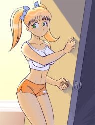 1girls big_breasts blonde_hair breasts busty door female female_only green_eyes hair_ribbon hi_res kaitlyn_(kamitora) kamitora large_breasts legs long_hair midriff navel original original_character short_shorts shorts solo tank_top thighs twintails voluptuous