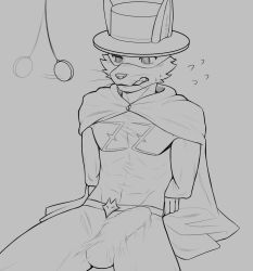 absurd_res anthro arms_tied bodysuit bound bulge canid canine cape clenched_teeth clock clothed clothing erection erection_under_clothing flippy1302 forced fox hands_behind_back headgear headwear hi_res hypnosis kaiketsu_zorori male male_only mammal mind_control monochrome muscular muscular_male pocketwatch simple_background skinsuit solo spiral_eyes teeth tight_clothing watch whiskers zorori