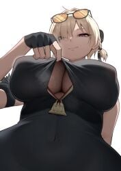 absurdres ahoge arm_behind_back black_dress black_gloves blush breasts china_dress chinese_clothes cleavage cleavage_cutout clothes_lift clothing_cutout commentary_request dress dress_lift eyes_visible_through_hair eyewear_on_head female fingerless_gloves gloves gold_trim hair_over_one_eye highres huge_breasts long_hair looking_at_viewer mikage_77777 pelvic_curtain purple_eyes round_eyewear short_twintails side_slit simple_background smile solo steam sweat sweety_(zenless_zone_zero) thigh_strap thighs tinted_eyewear twintails white_background white_hair zenless_zone_zero