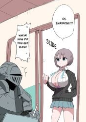 armor black_cardigan blue_eyes bob_cut botsuko-chan_(zurikishi) bra breastplate breasts cardigan cleavage female full_armor gauntlets grey_hair grey_skirt helm helmet highres huge_breasts indoors knight lace lace-trimmed_bra lace_trim looking_at_another looking_at_viewer miniskirt ntr_manslayer_knight original pink_bra plate_armor pleated_skirt shirt short_hair shoulder_armor skirt sliding_doors solo speech_bubble tomboy translation unbuttoned unbuttoned_shirt underwear visor_(armor) zurikishi