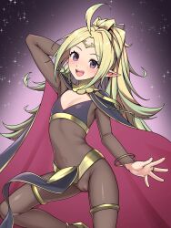 ahoge alternate_costume arm_behind_head blonde_hair blush bodystocking cameltoe cape circlet cosplay covered_navel female fire_emblem fire_emblem_awakening flat_chest gold_trim gradient_background green_eyes highres long_hair looking_at_viewer multicolored_hair nowi_(fire_emblem) pelvic_curtain pointy_ears ponytail pussy sidelocks smile solo star_(sky) starry_sky_background tharja_(fire_emblem) tharja_(fire_emblem)_(cosplay) two-tone_hair yotubeya