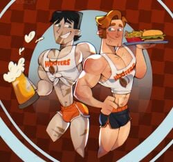 2boys bara beer biceps black_hair blue_eyes bulge checkered checkered_background disventure_camp dolphin_shorts green_eyes holding_drink holding_tray hooters logan_(disventure_camp) male male_focus male_only muscular muscular_arms muscular_male nipples pattern_background pecs pectorals sae_q9 scar scar_on_face shorts smile standing thighs tied_shirt tom_(disventure_camp) waiter
