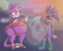 2024 afraart after_vore anthro beach belly big_belly blaze_the_cat breasts clothing domestic_cat eulipotyphlan felid feline felis female gloves grey_body group handwear hedgehog hi_res male male_pred mammal outside overweight purple_body sea sega silver_the_hedgehog simple_background sonic_(series) sonic_the_hedgehog_(series) text thick_thighs trio vore water yellow_eyes