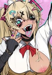 1girls blonde_female blonde_hair breasts breasts_out crazy_eyes drool drooling drooling_tongue excessive_saliva exposed_breasts eyeshadow fangs female female_only glitchace gloves gyaru large_breasts mouth_focus mouth_open one_breast_out open_mouth pink_nipples rings school_uniform schoolgirl sharp_teeth tagme tan_body tan_skin tanned tongue tongue_out upper_body upper_body_only