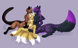 2025 4_arms 4_breasts 4_legs 5_tails animal_genitalia animal_penis anthro balls biped black_body black_ears black_markings black_nose blackpaw blonde_hair blue_eyes blush breasts brown_body brown_eyes brown_pawpads canid canine canine_genitalia canine_penis captaincronus chakat colored countershade_torso countershading digitigrade dipstick_tail erection featureless_breasts felid felid_taur fox genitals glans gloves_(marking) group gynomorph hair herm_(lore) hi_res intersex knot leg_markings lucian_(thecatherd) male mammal mammal_taur markings multi_arm multi_breast multi_limb multi_tail nude pawpads penis purple_eyes purple_hair purple_insides purple_markings purple_nose purple_penis purple_tongue quadruped shaded simple_background sitting sitting_on_ground smile socks_(marking) spread_legs spreading squiggle_mouth standing tail tail_markings tapering_penis taur tongue tongue_out trio twilla_(twillfox) unusual_insides white_body white_countershading white_markings yellow_body