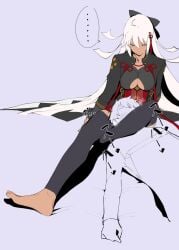 black_bow coat dark_skin fate_(series) jikatarou long_hair okita_souji_(alter)_(fate) thigh_hold thighs toeless_legwear white_hair