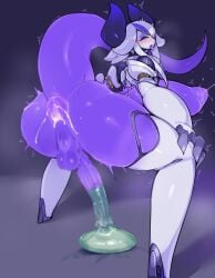 anus ass balls bent_over condom cum_in_ass dickgirl ejaculation futa_sans_pussy futanari horns huge_breasts huge_cock intersex oc orca_(pochincoff) pochincoff purple_body tail