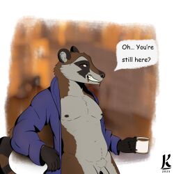 1:1 anthro beverage brown_body casual_exposure caught clothed clothing coati coffee english_text genitals hi_res humanoid_genitalia humanoid_penis kalembi male mammal penis procyonid shocked solo text