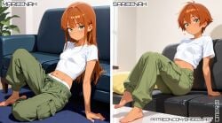 2girls ai_generated athletic baised bare_feet cargo_pants green_eyes looking_at_viewer mareenah_(oc) perky_nipples posing red_hair sareenah_(oc) skinny small_breasts tan_skin tanline tanlines tight_shirt tomboy twins white_shirt