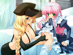 1boy 1girls black_gloves blonde_hair blue_eyes breasts censored crossdressing elbow_gloves eyebrows_visible_through_hair female femboy femboy_on_female femdom gloved_handjob gloves green_eyes handjob hat kubota_senju light-skinned_female light-skinned_male light_skin maid maid_uniform male male/female male_focus malesub mosaic_censoring narumi_suzune ooyama_rui oto_puri peaked_cap penis pink_hair straight suspenders trap