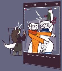 areolae big_breasts bottomless clothed covering covering_with_hands drunk drunk_bubble homestuck jade_harley looking_at_photo ms_paint_adventures partially_clothed partially_nude photo rose_lalonde roxy_lalonde slightly_chubby small_penis thick_thighs trans_woman transfem wine wine_bottle xenopavilia