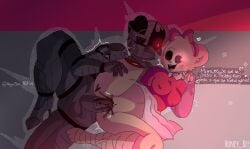 bandaged_leg blush bow collared_dress dress duo heart heels honey_bee_(artist) mouse mousy_(piggy) piggy_(game) pink_eye red_eye robby_(piggy) robot sleeves vaginal_penetration