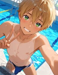 1boy 1male ai_generated blonde_hair blonde_hair blonde_hair_male blush blush blushing_at_viewer bulge bulge_under_swimsuit gay green_eyes looking_at_viewer male male_only outdoors outside pool smile smiling smiling_at_viewer solo solo_male swimming_pool tagme underwear underwear_bulge underwear_only yaoi