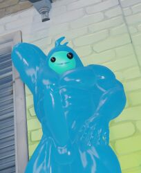 1boy abs arm_behind_head blue_skin completely_nude erection fortnite from_below large_penis looking_at_viewer muscular muscular_male nude penis rippley_(fortnite) smile solo uncensored