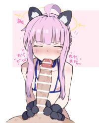 1boy ahoge animal_ears animal_hands bar_censor blue_archive cat_ears censored closed_eyes fake_animal_ears fellatio female flat_chest gloves hagire_nuno halo highres huge_cock kaya_(blue_archive) male nipples open_mouth oral paw_gloves penis pink_hair pov pov_crotch solo_focus sound_effects straight tongue tongue_out yellow_halo
