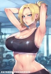 ai_generated annie_leonhardt annoyed arms_behind_head attack_on_titan big_ass big_breasts big_butt big_thighs blonde_hair blue_eyes blush expressionless fitness gym gym_clothes hair_bun huge_ass huge_breasts huge_butt huge_thighs sports_bra tied_hair training wanuze wide_hips workout workout_clothes