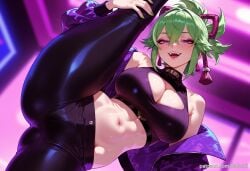 ai_generated balecxi bare_shoulders black_pants cleavage cleavage_cutout clothing_cutout crop_top female genshin_impact green_hair hair_between_eyes kuki_shinobu large_breasts leg_up looking_at_viewer navel off_shoulder open_mouth patreon_username ponytail purple_eyes purple_jacket smile solo standing_on_one_leg standing_split stomach thighs
