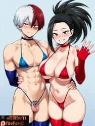 1boy 1femboy 1girls abs ai_generated balls big_breasts bikini boku_no_hero_academia cameltoe chastity_cage choker cock_cage cuck cuckold dominant_female dominatrix femboy feminine_male feminization firefist-ai gay momo_yaoyorozu my_hero_academia penis_cage shouto_todoroki small_penis swimsuit teenager twink wide_hips