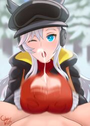 1boy black_jacket blue_eyes breasts ciderwrath cleavage_cutout clothing_cutout cum dragalia_lost ear_covers earmuffs ejaculation female forest gloves goggles goggles_on_head highres ilia_(dragalia_lost) jacket large_breasts looking_at_viewer male nature one_eye_closed open_clothes open_jacket open_mouth paizuri red_shirt shirt signature snow white_gloves white_hair