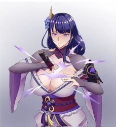 beauty_mark beauty_mark_under_eye big_breasts cleavage curvy female female_focus female_only genshin_impact hair_flower hair_ornament japanese_clothes japanese_clothing katana kimono light-skinned_female lightning long_hair magic magic_user mihoyo mole_under_eye obi purple_eyes purple_hair raiden_ei raiden_shogun serious serious_face serious_look sword unsheathing_sword video_game_character video_games yonda545