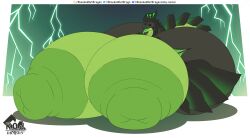 anthro artist_logo ass astalos big_breasts big_butt big_nipples black_body black_horn black_scales black_sclera border breasts capcom electricity eliana_(knockedoutdragon) fangs female flying_wyvern green_background green_body green_breasts green_eyes green_nipples green_scales hi_res horn huge_breasts huge_butt huge_nipples huge_thighs hyper hyper_breasts hyper_butt hyper_nipples hyper_thighs immobile knockedoutdragon lightning logo membrane_(anatomy) membranous_wings monster_hunter nipples open_mouth pinup pose scales simple_background solo standing teeth thick_thighs tongue tongue_out wings