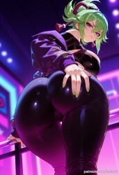 ai_generated ass ass_focus balecxi blurry blurry_background female from_behind genshin_impact green_hair green_nails hair_between_eyes hand_on_own_ass kuki_shinobu large_breasts looking_at_viewer looking_back nail_polish pants ponytail purple_eyes purple_jacket shiny_clothes solo