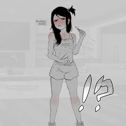 1girls artist_request black_hair blush disgust female female_only frown invincible looking_away petite pov pregnancy_test shorts solo sweatdrop tanktop terra_grayson