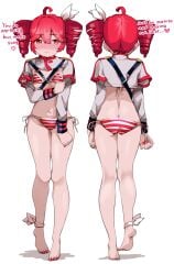 1girls 2d 2d_(artwork) ahoge ass back_view bikini blush blush breasts cropped_jacket dialogue embarrassed embarrassed_female english_dialogue english_text female female_only front_view hair_ornament hairbow kasane_teto kasane_teto_(sv) n0_image nail_polish navel painted_nails red_eyes red_hair red_nails side-tie_bikini slim_waist small_breasts solo solo_female striped_bikini synthesizer_v text thigh_gap thighs twin_drills utau white_background
