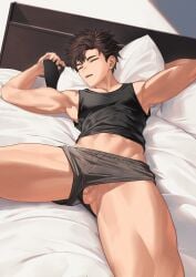 1boy abs armpits arms_up balls balls_out bed bedroom biceps boxers brown_hair cellphone closed_eyes dutch_angle eyelashes flaccid foreskin gay hands_behind_head hi_res holding_object holding_phone lying lying_on_back lying_on_bed male male_only mature_male muscles muscular muscular_arms muscular_legs muscular_male muscular_thighs navel nayoshi_(r-744) no_body_hair original original_character pecs penis pillow quadriceps retracted_foreskin short_hair sleeping smartphone spread_legs tanktop triceps uncensored uncircumcised uncut underwear yaoi young