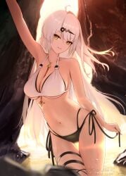 arm_up between_breasts bikini black_bikini breasts female halterneck highres large_breasts long_hair looking_at_viewer mismatched_bikini navel necklace_between_breasts ocean outdoors parted_lips shore side-tie_bikini_bottom smile solo swimsuit thigh_strap torjun_111 white_bikini white_hair yellow_eyes yin_yang_pin yixuan_(zenless_zone_zero) zenless_zone_zero