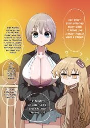 2girls ? black_cardigan blonde_hair blue_eyes bob_cut botsuko-chan_(zurikishi) bra breast_pocket breasts cardigan cleavage cloud facing_viewer from_side full_body grey_hair grey_skirt hair_between_eyes hair_ornament highres huge_breasts lace lace-trimmed_bra lace_trim long_hair looking_at_viewer multiple_girls on_roof orange_sky original outdoors pink_bra pocket railing shirt short_hair skirt sky speech_bubble sunset translation unbuttoned unbuttoned_shirt underwear very_long_hair yellow_eyes zurikishi