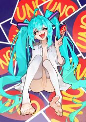 absurdres ahoge anus aqua_hair black_sclera bottomless card cleft_of_venus colored_sclera commentary drooling english_commentary feet female hatsune_miku highres holding holding_card knees_up long_hair looking_at_viewer mimukauwa_nice_try_(vocaloid) mouth_drool nail_polish no_shoes oerba_yun_fang open_clothes open_mouth open_shirt panties pantyshot pussy shirt sitting solo stirrup_legwear thighhighs toeless_legwear toenail_polish toenails toes twintails uncensored underwear uno_(game) vocaloid white_shirt white_thighhighs yeougui