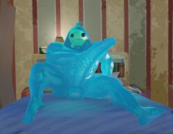 1boy abs bedroom blue_skin completely_nude erection fortnite full_body huge_cock indoors lamp large_penis looking_at_viewer masturbation muscular muscular_male on_bed rippley_(fortnite) smile solo spread_legs uncensored